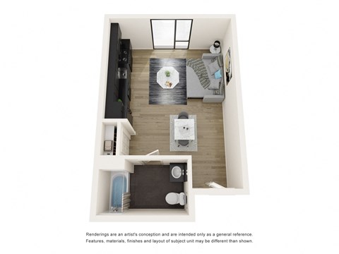 a stylized floor plan with a bedroom and a living room